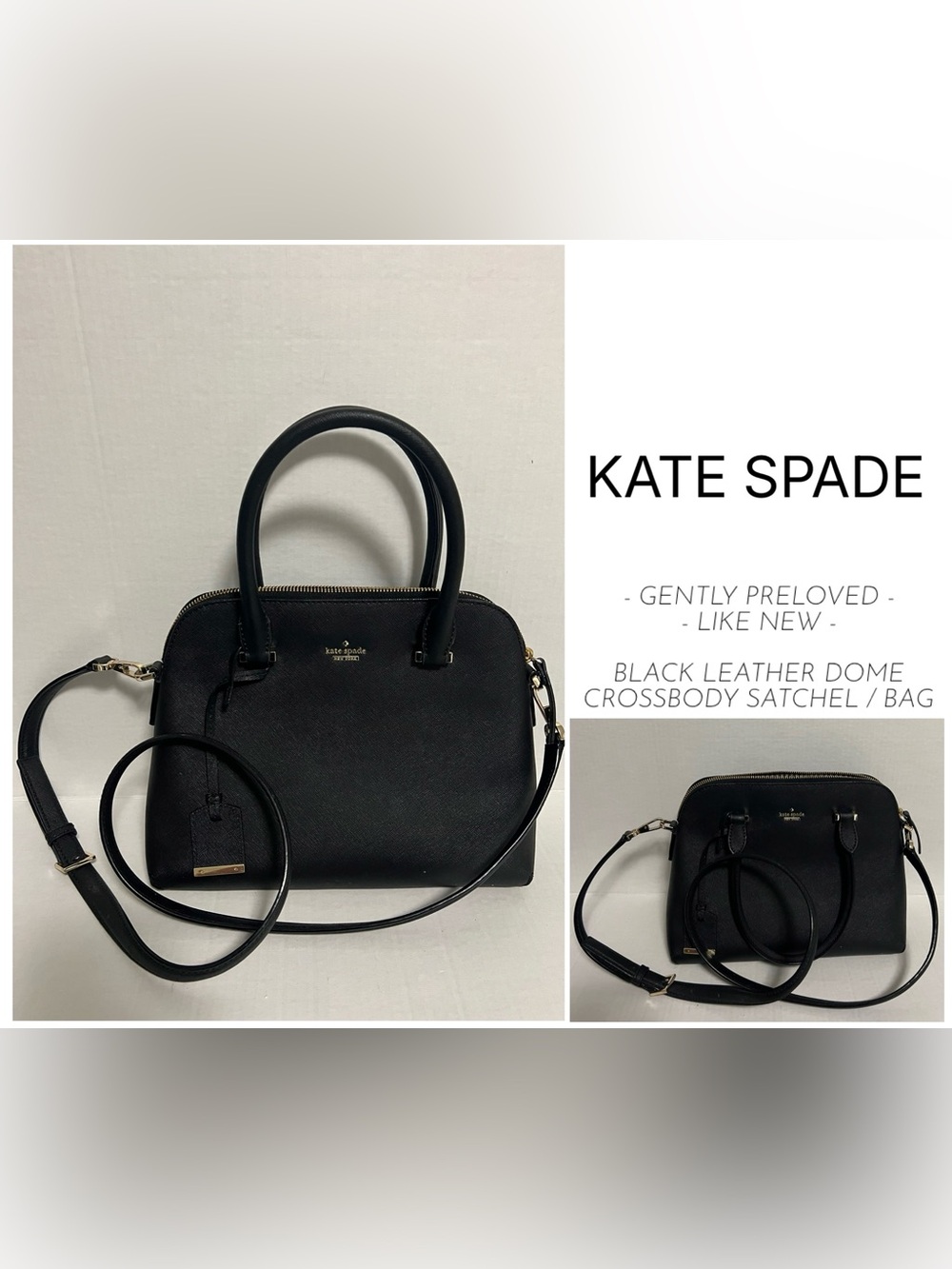 KATE SPADE - GENTLY PRELOVED LIKE NEW - BLACK LEATHER DOME CROSSBODY SATCHEL BAG